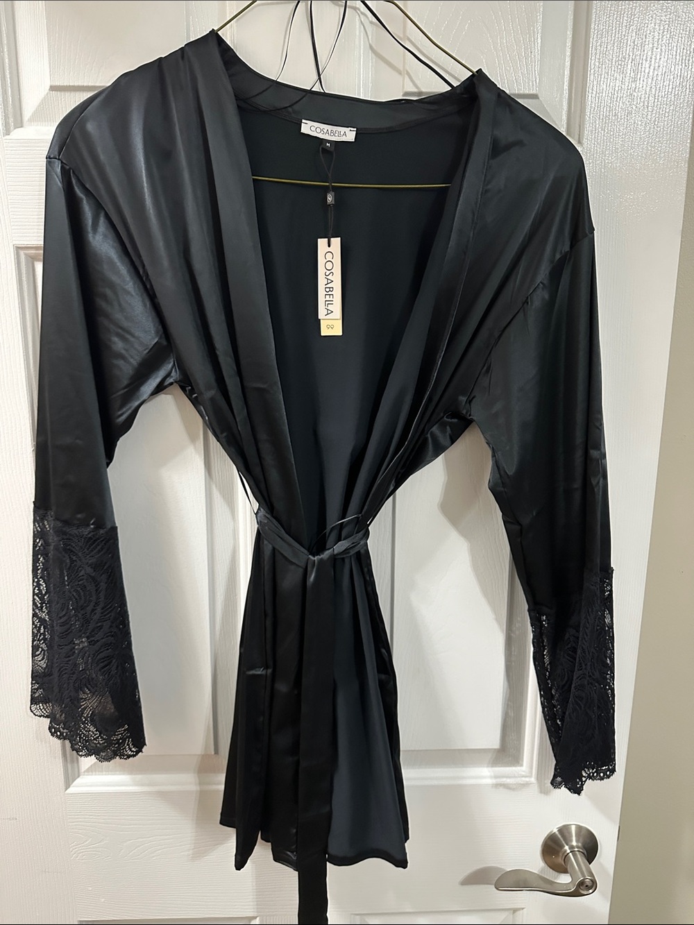 Cosabella Black Satin Kimono with Lace Cuffs